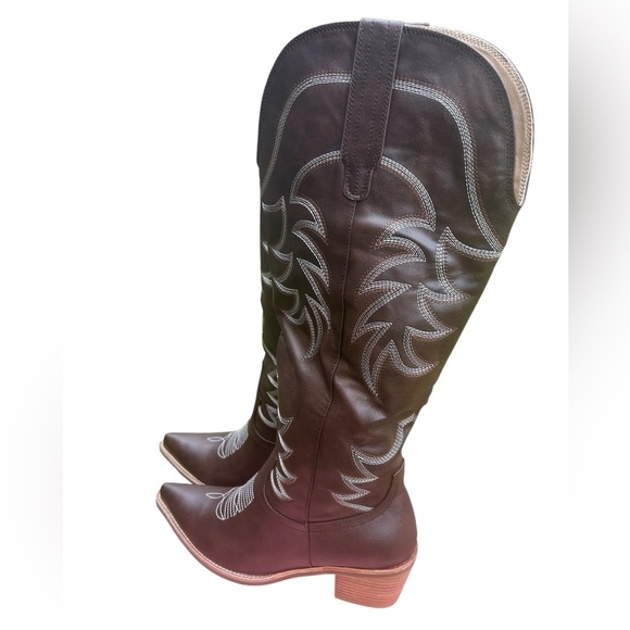 Women's Brown Mid Calf Embroidered Western Boots Snip Toe Chunky Heel PullOn 9.5 - Picture 3 of 8